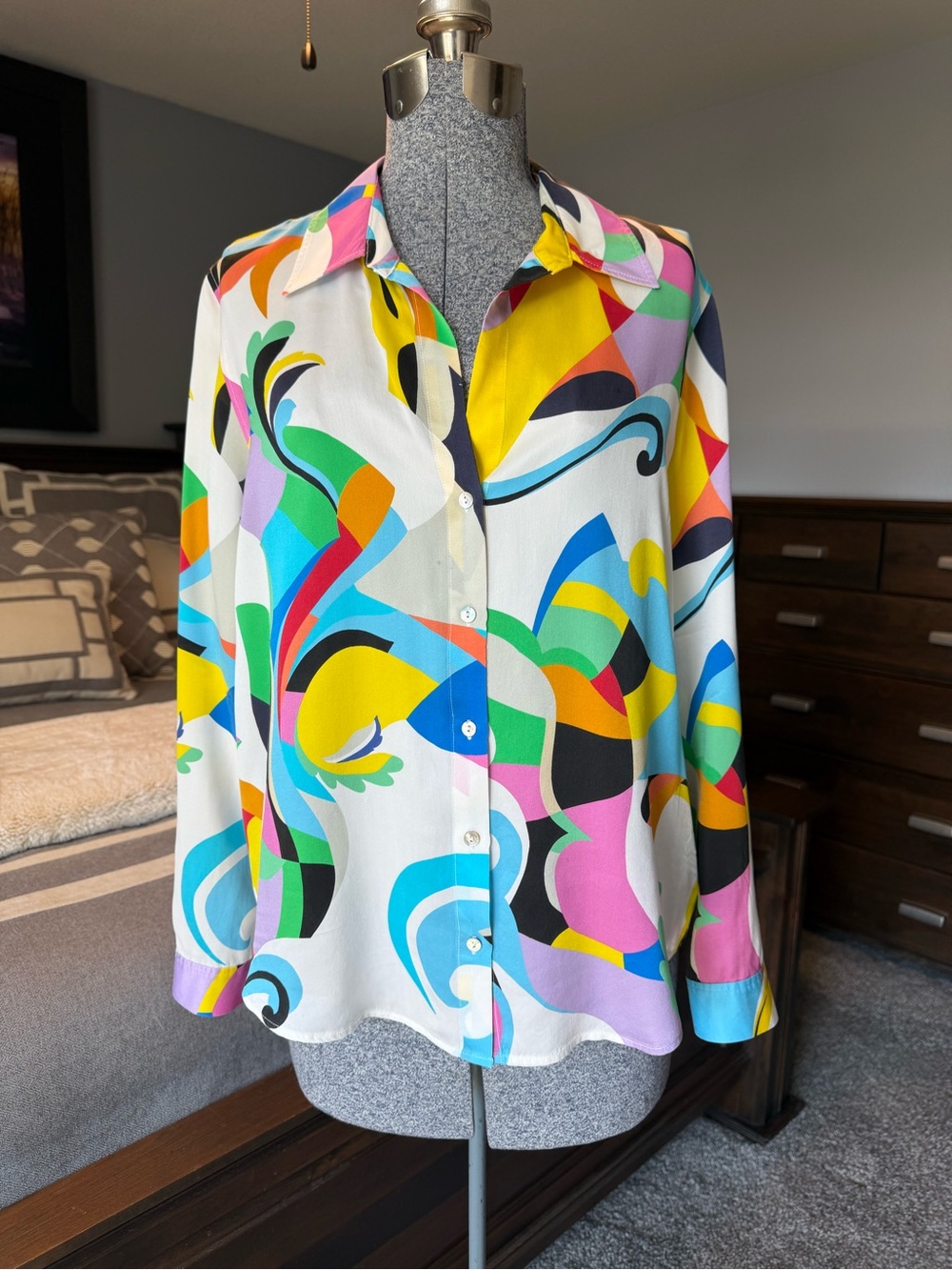 L’Agence 100% Silk Abstract Print Button Front Blouse Women’s Medium Multicolor